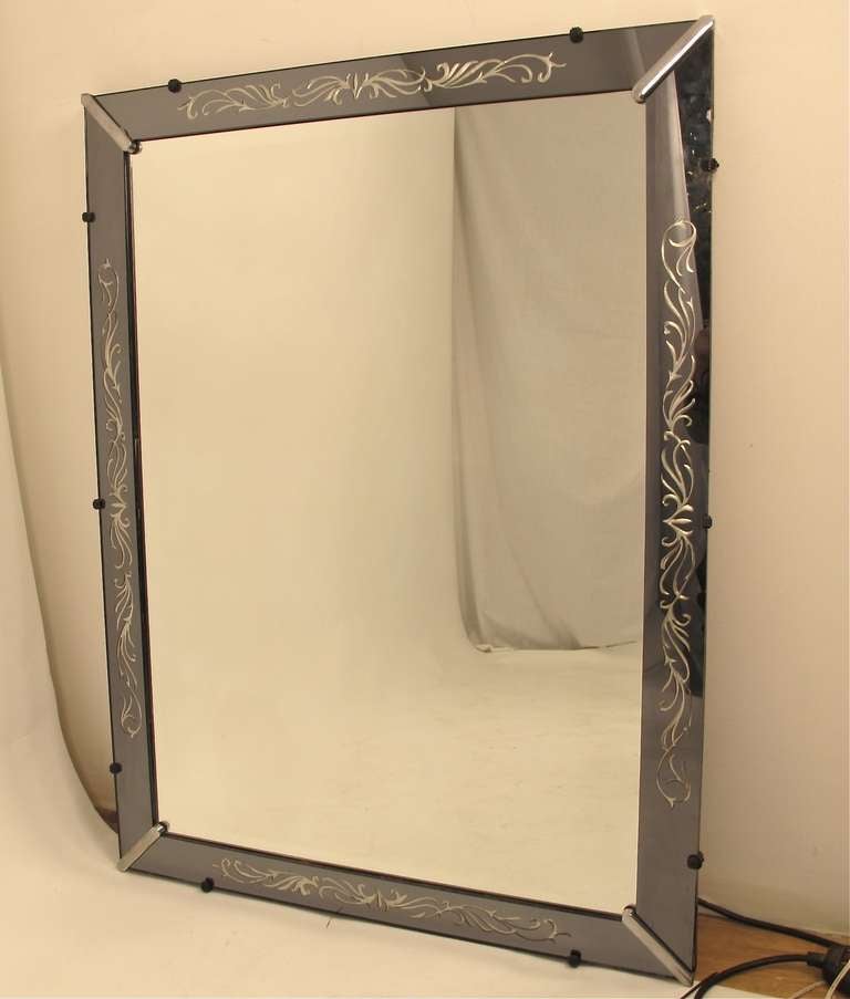 Etched and smoke glass framed mirror. Can be hung horizontal or vertical. American, mid 20th century.