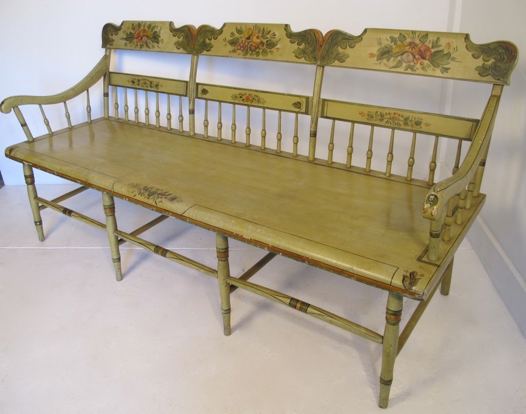 Extraordinary Windsor bench in original condition with original paint. Painted a fabulous pale green color.