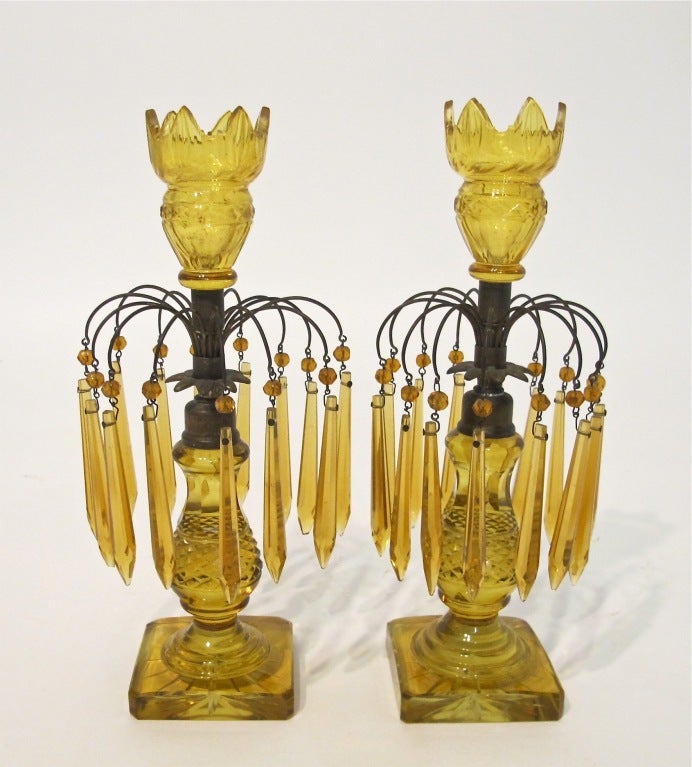 19thC Amber Cut Glass Lusters