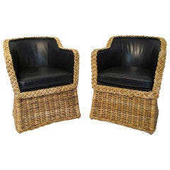 Pair of Wicker and Leather Club Chairs