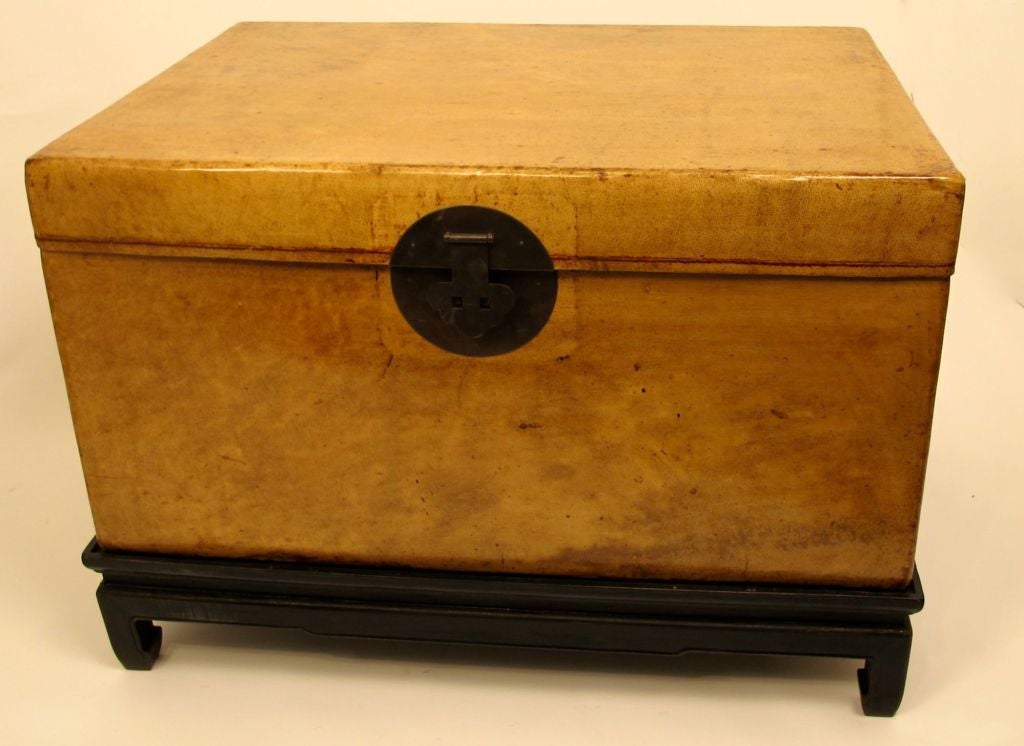 White Pigskin Trunk with replaced brass hardware on later chinese hardwood stand.