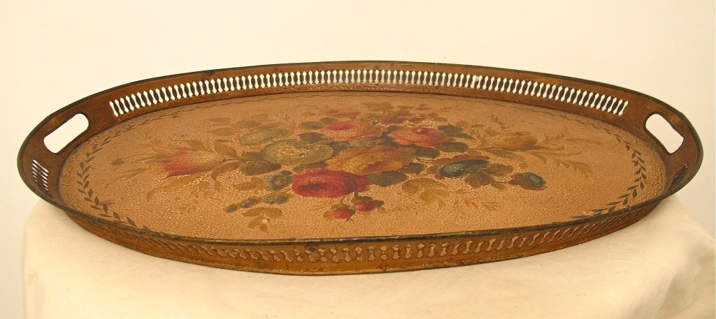 French hand painted tole tray with pierced rim. Original mustard yellow back ground that is beautifully aged.