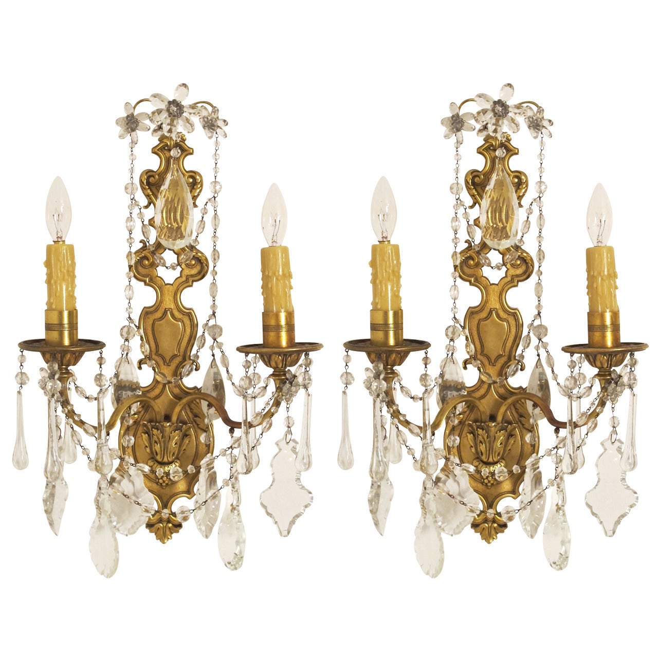Pair 1920's French Brass and Crystal Sconces