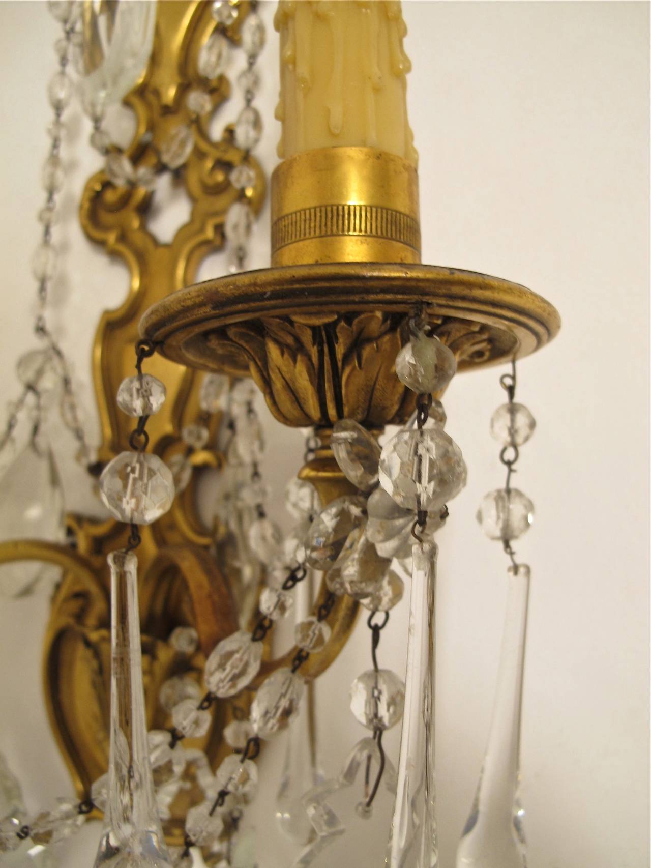 Pair 1920's French Brass and Crystal Sconces 3