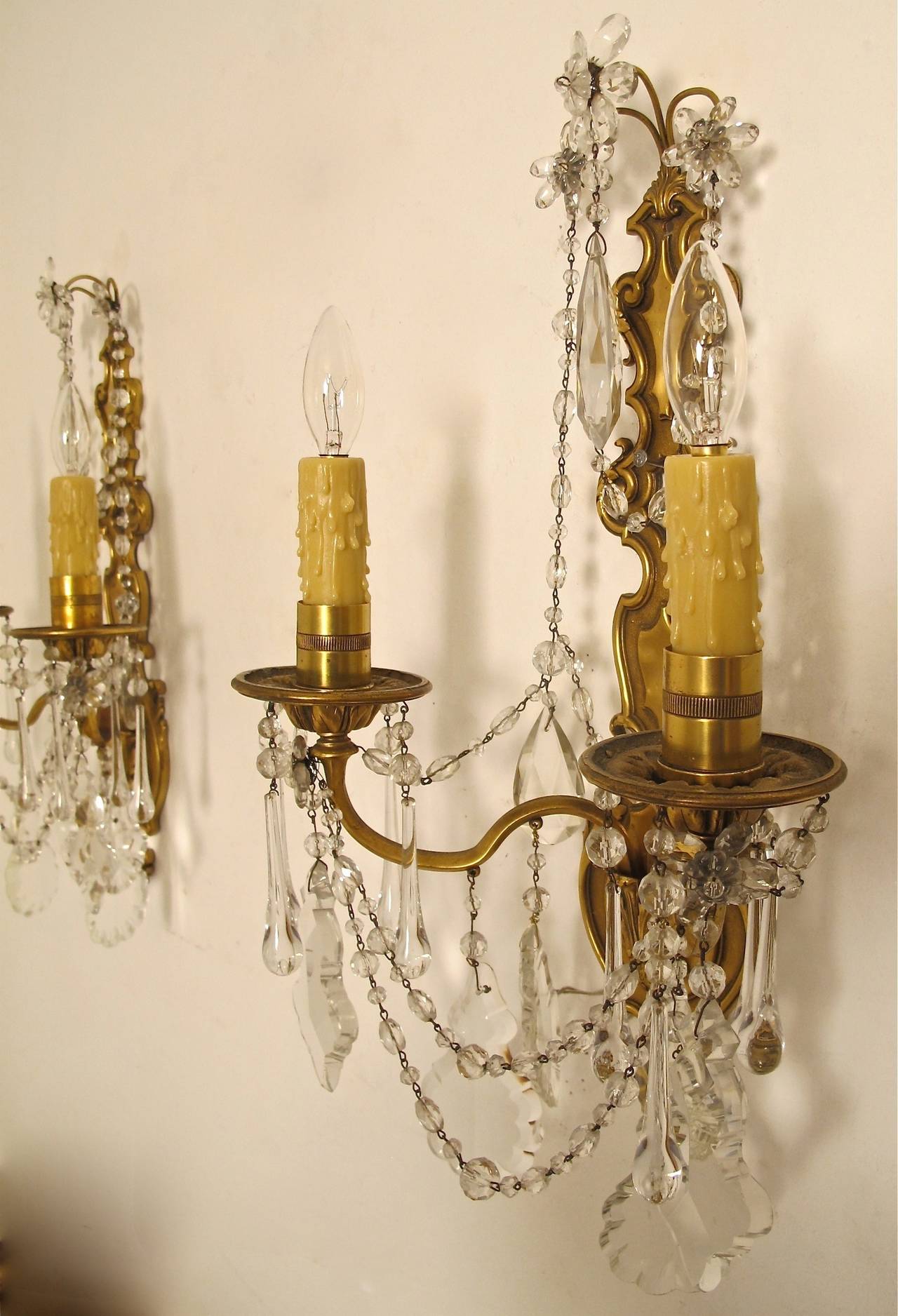 Pair 1920's French Brass and Crystal Sconces 4