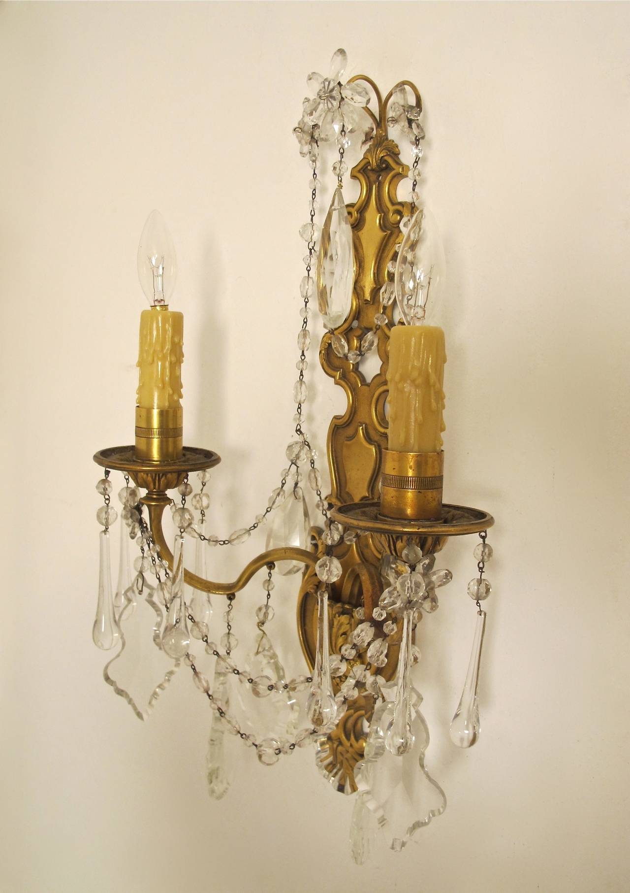 Pair 1920's French Brass and Crystal Sconces In Excellent Condition In San Francisco, CA