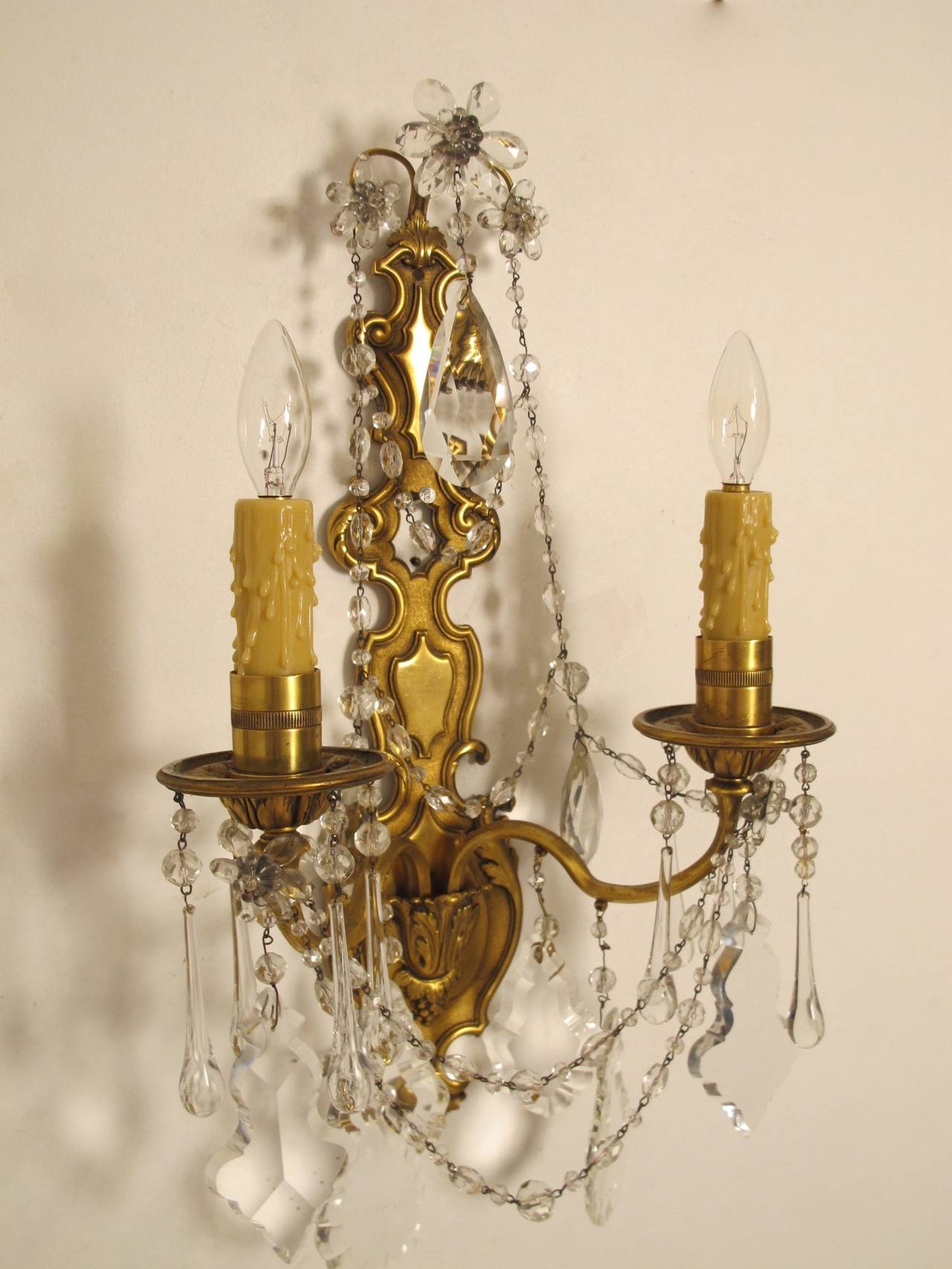 20th Century Pair 1920's French Brass and Crystal Sconces