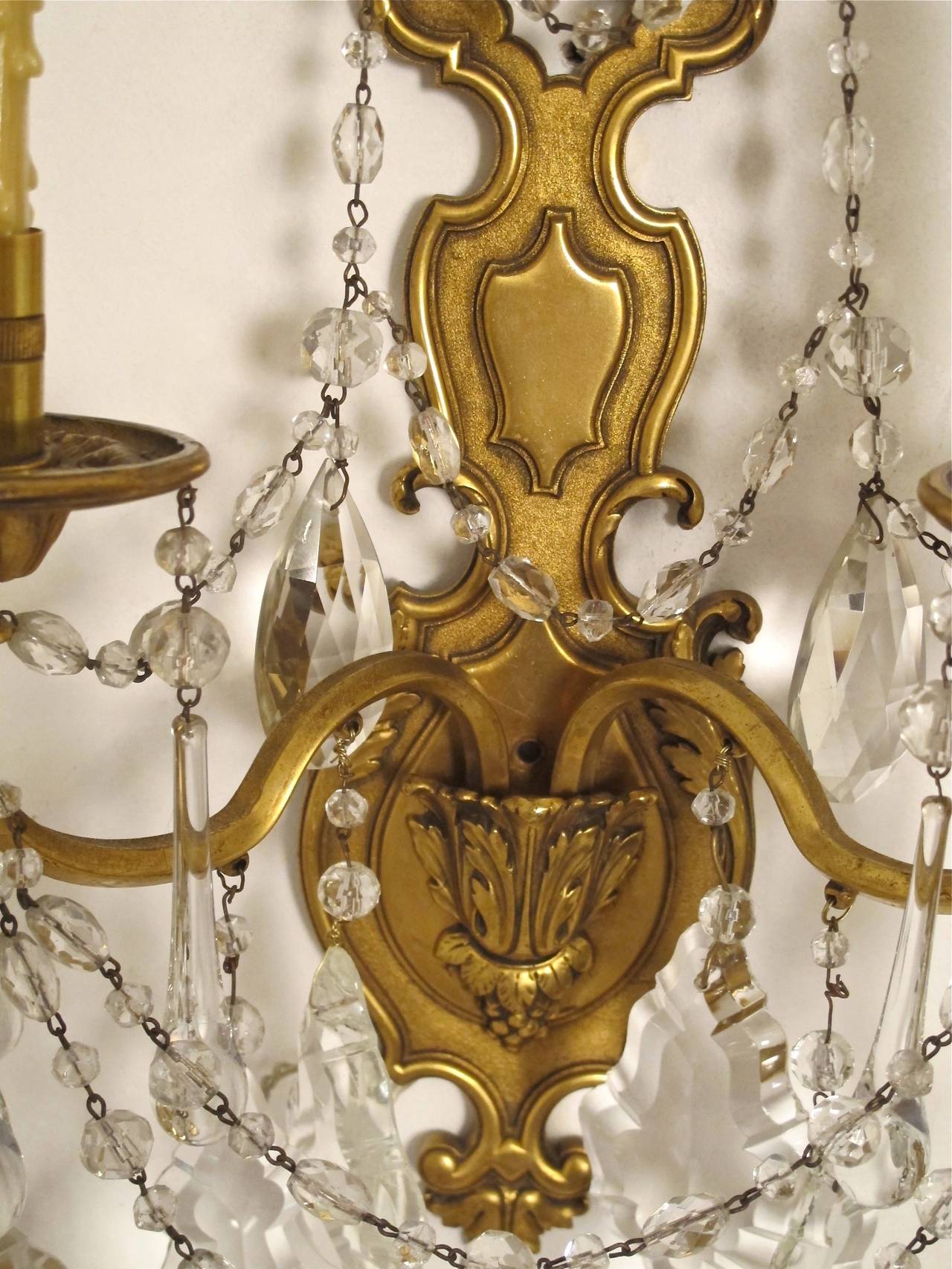 Pair 1920's French Brass and Crystal Sconces 1