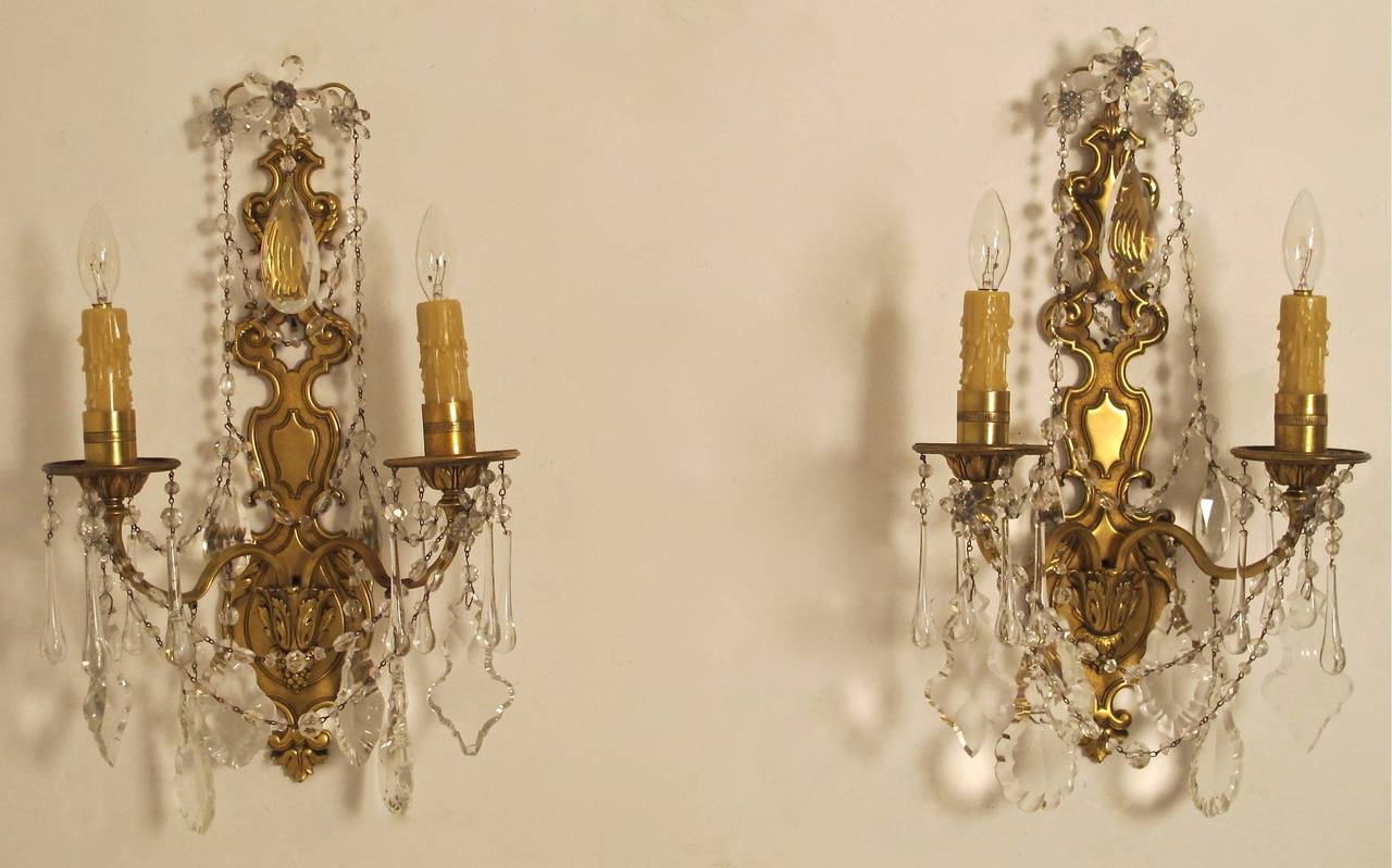 Pair 1920's French Brass and Crystal Sconces 2