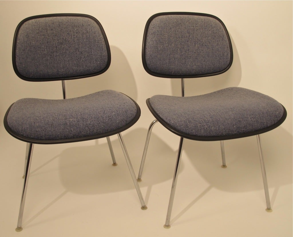 Genuine DCM chairs with chrome back support and legs. Original padded fabric and rubber.
