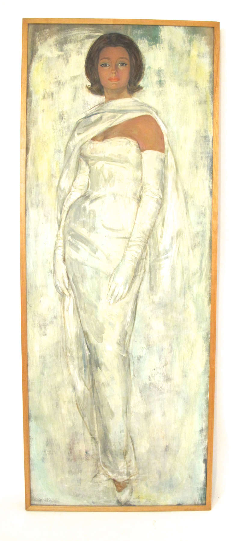  Larger than life portrait of a woman by known German American artist, Eva Sikorski (1917 -1990).  This painting is typical of her style and has an overall greenish hue, which, unfortunately, does not photograph to the true shade, which is very