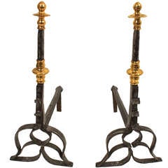 French Wrought Iron 
Brass Andirons