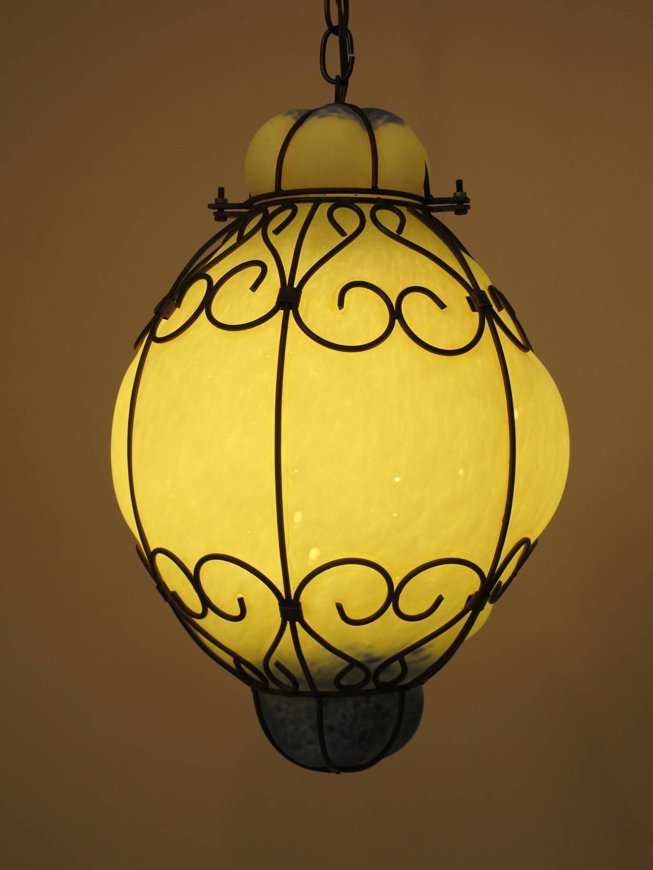 Italian Mid Century Murano Glass Pendant Lantern Light Fixture For Sale