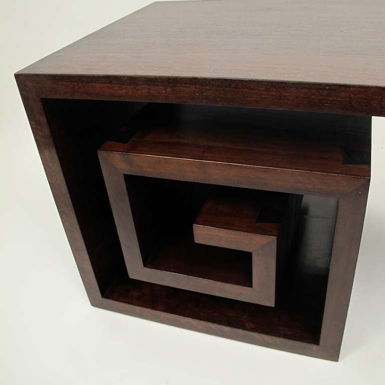 Greek Key design coffee table with dovetail detailing seen on the top and sides.  The density and weight of the wood suggest that it might be Huanghauli.  
Early to Mid 20th Century.