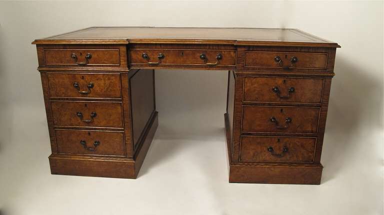 English Burled Walnut and Oak Desk