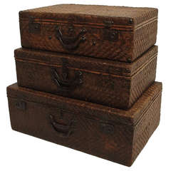 Set of Three Vintage Woven Cane Luggage Suitcases 5