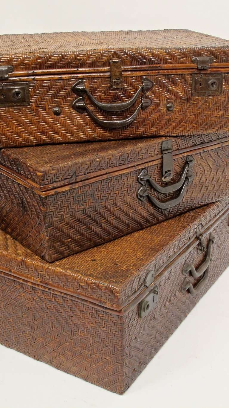 Set of Three Vintage Woven Cane Luggage Suitcases 3