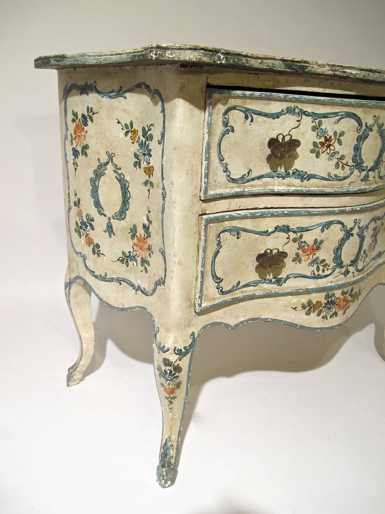 Hand-Carved Rococo Two-Drawer Painted Commode, Italian