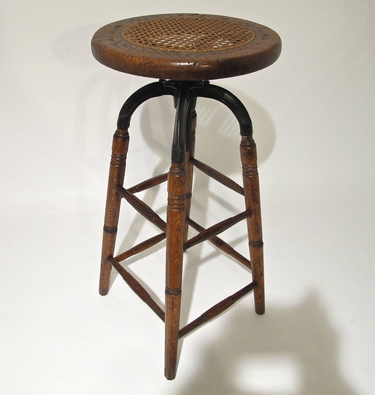 American Oak and Iron Industrial Stool with Cane Seat