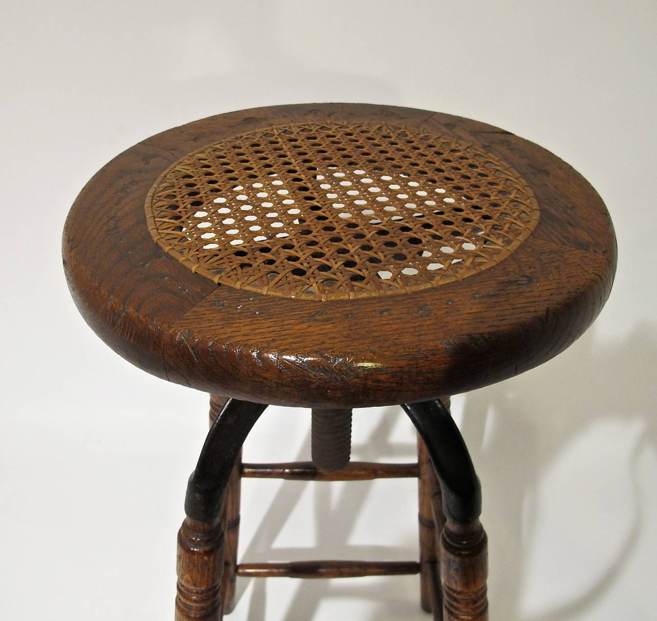 19th Century Oak and Iron Industrial Stool with Cane Seat