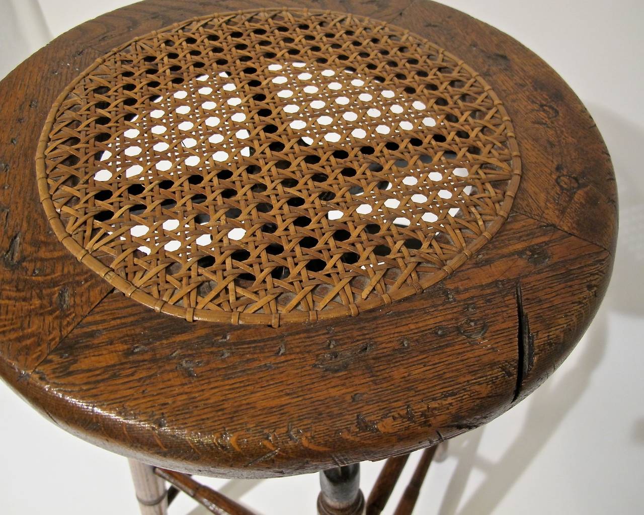 Oak and Iron Industrial Stool with Cane Seat 1