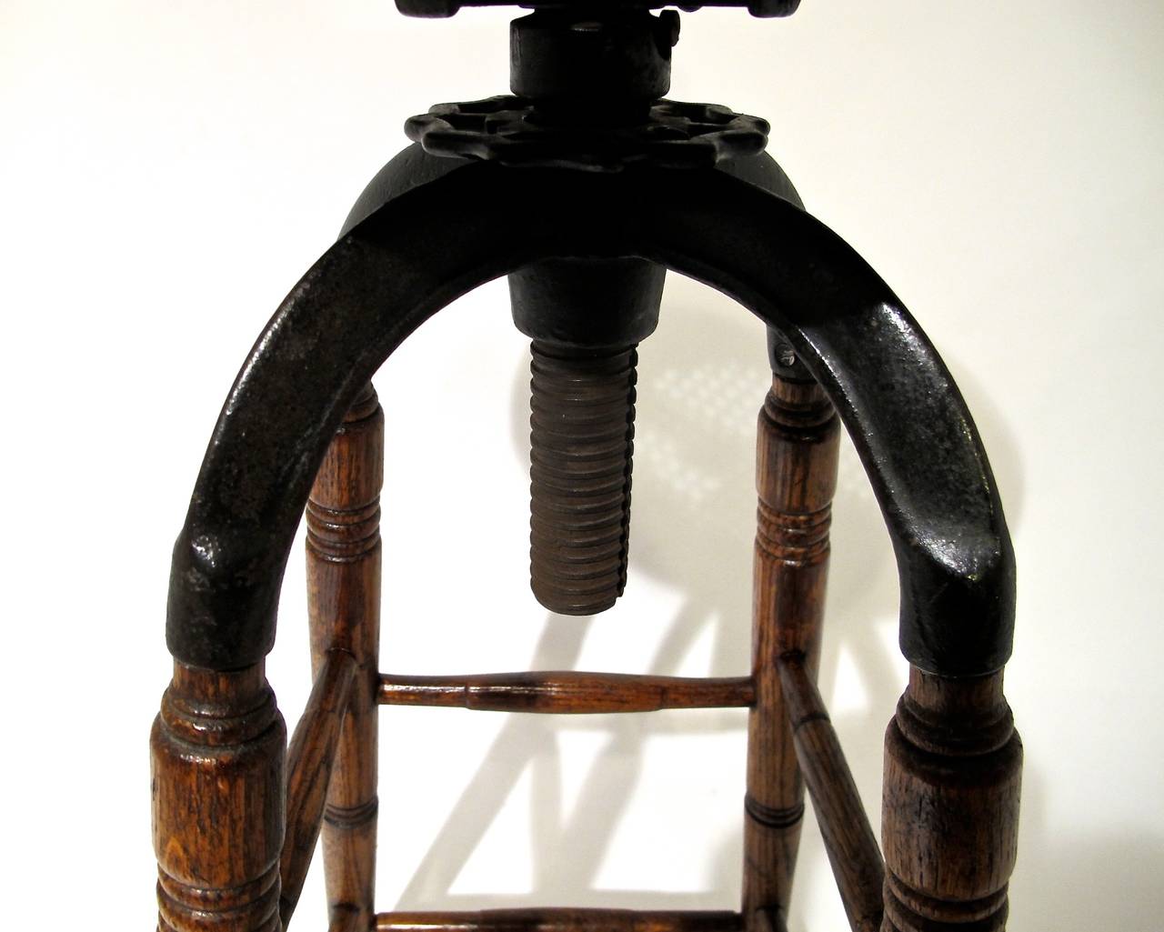 Hand-Crafted Oak and Iron Industrial Stool with Cane Seat