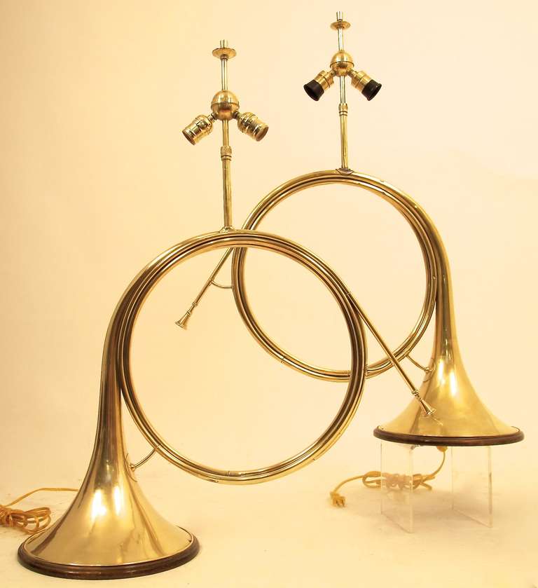 French Provincial French Brass Hunting Horn Table Lamps, Early 20th Century