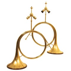 Vintage French Brass Hunting Horn Table Lamps, Early 20th Century