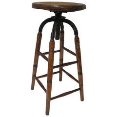 Oak and Iron Industrial Stool with Cane Seat