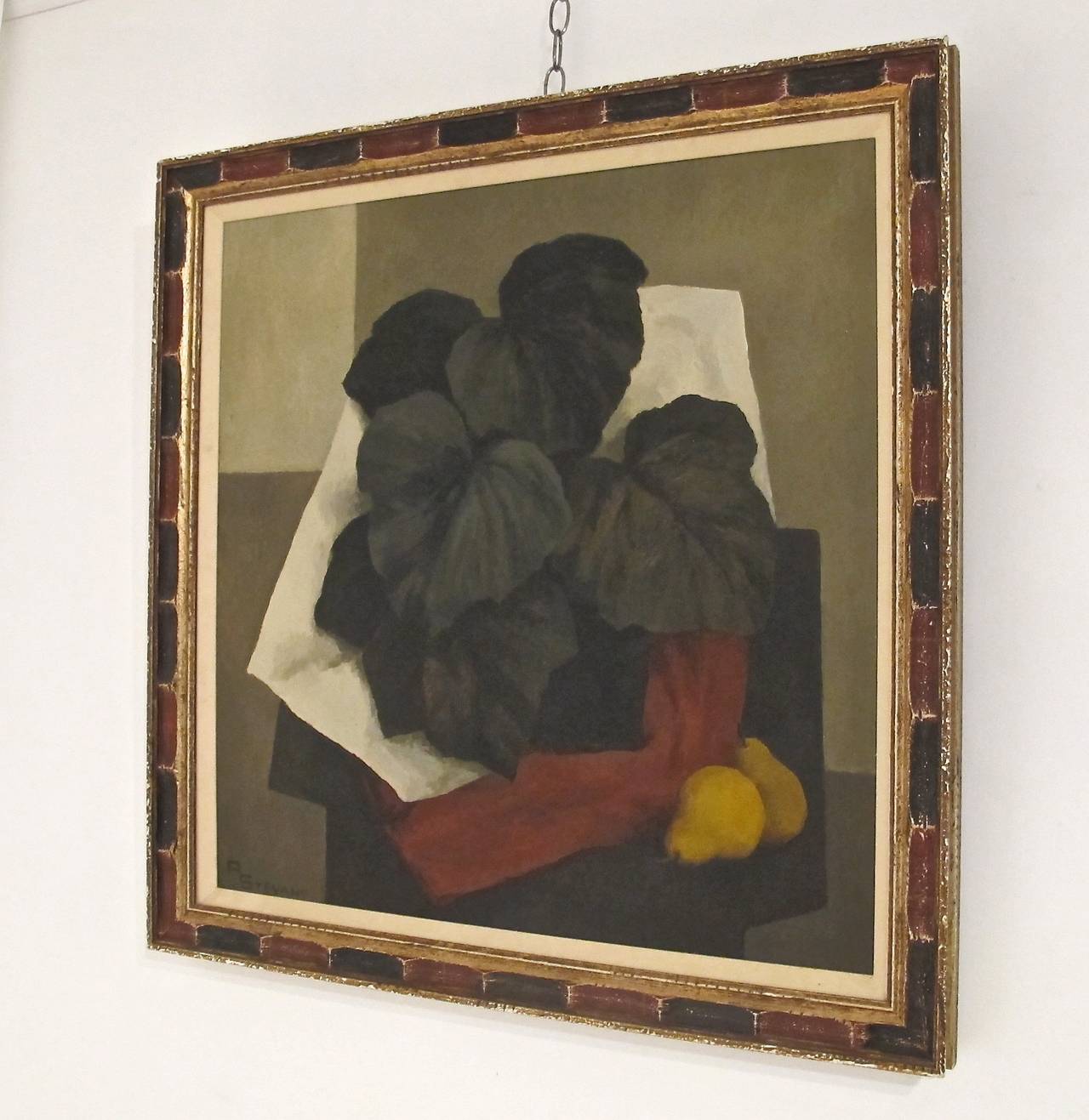 Mid Century still life painting signed R. Stevano. Oil on canvas in carved and painted wood frame.
