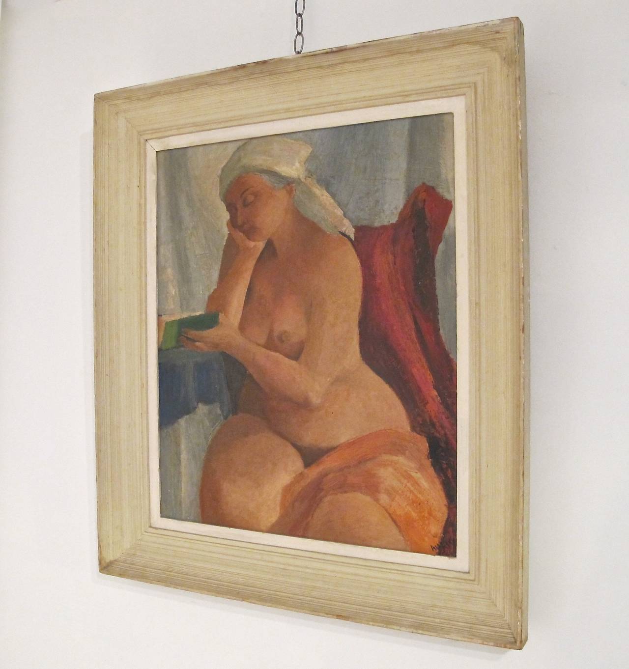 Mid-Century Modernist nude oil painting, beautifully painted and lovely colors, signed but signature illegible. Oil on canvas in original wood frame.