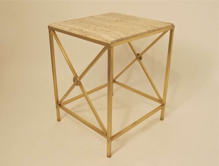 Italian brass side or end table with travertine top.