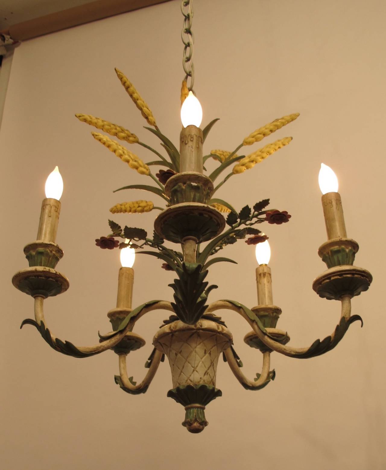 Italian Wood and Tole Chandelier In Excellent Condition In San Francisco, CA