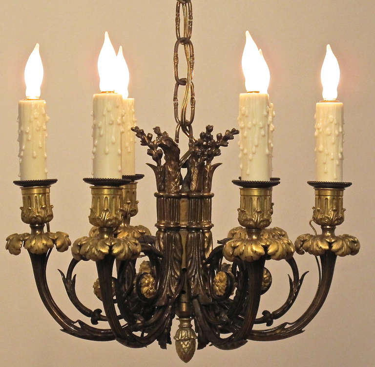 Gutsy Six Light Petit Bronze and Gilt Bronze Chandelier in the Louis XVI Style with highly chased candle cups and bobeches on scrolling leaf accented arms.
With an acanthus leaf canopy, present chain can be adjust to any length.
French, Circa