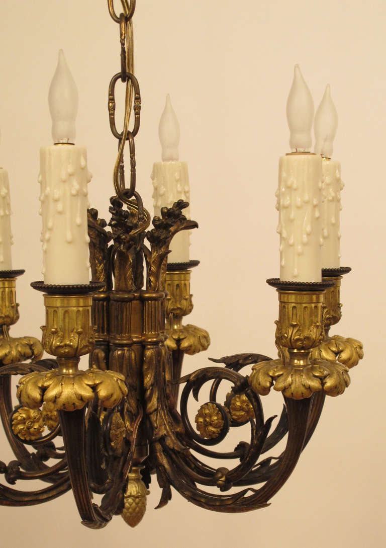Louis XVI Style Bronze Petit Six Light Chandelier In Excellent Condition In San Francisco, CA