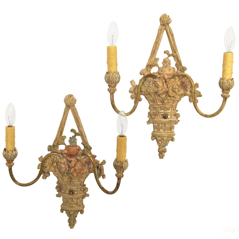 Pair of Italian Floral Basket Sconces For Sale