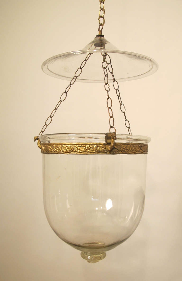 19th C Genuine Free-blown Glass Hanging Hurricane Lantern with Canopy 2