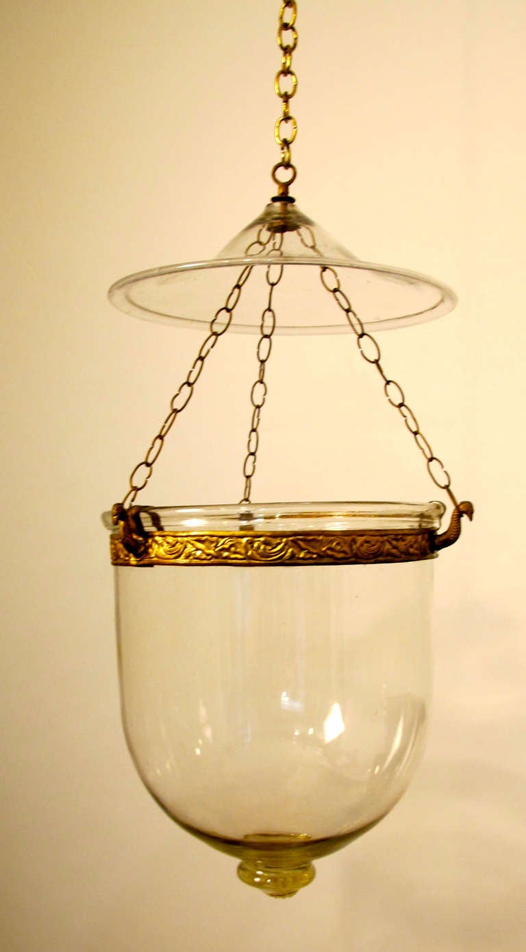19th C Genuine Free-blown Glass Hanging Hurricane Lantern with Canopy 1