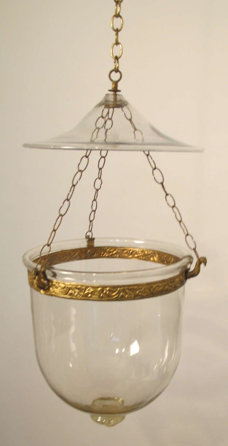 19th Century 19th C Genuine Free-blown Glass Hanging Hurricane Lantern with Canopy