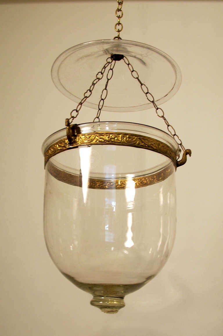19th C Genuine Free-blown Glass Hanging Hurricane Lantern with Canopy In Excellent Condition In San Francisco, CA