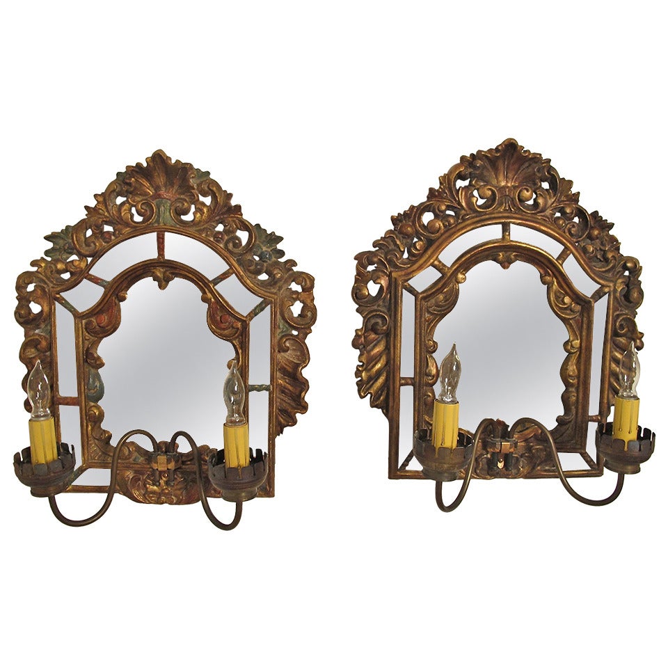 Baroque Style Wood and Mirror Sconces