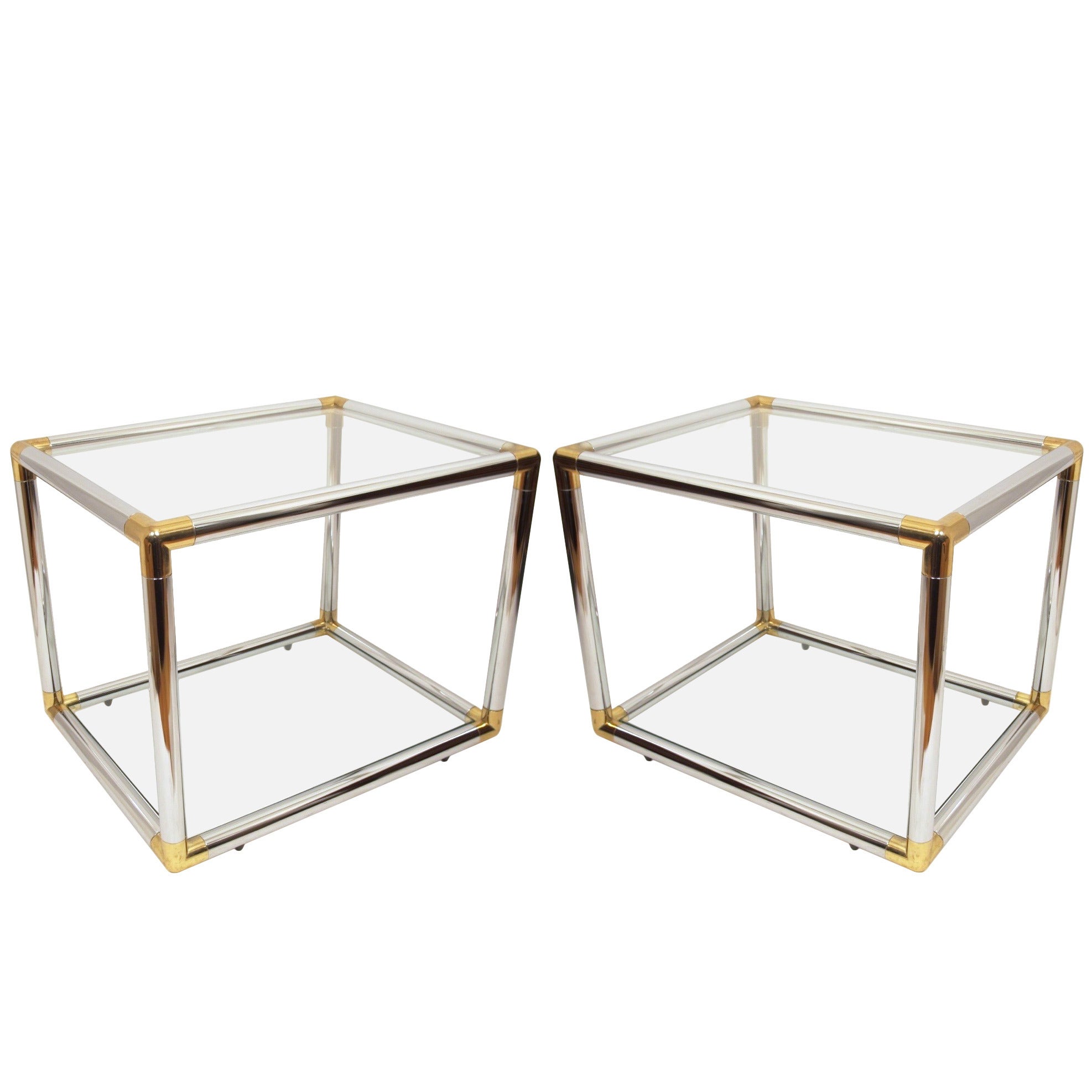 Pair of Italian Mid-Century Modern Chrome and Brass Side Tables