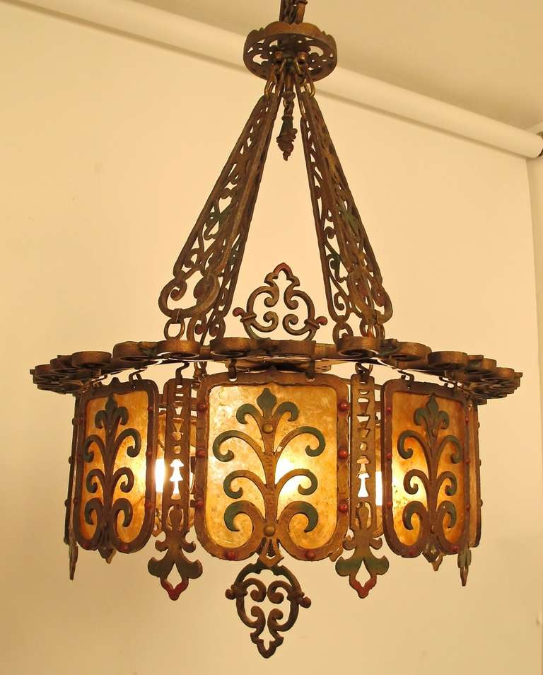 Unusual early 20th century ceiling light in the manner of Oscar Bach. Cast aluminum with original paint, mica panels and hardware.
Newly re-wired.