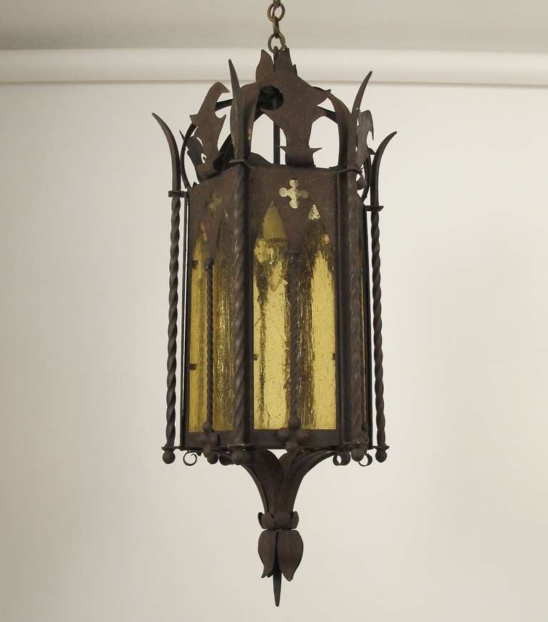 Spanish style iron and glass lantern.
Early 20th Century
Lantern has 21 inches of chain.
Newly re-wired, holds standard size light bulb.