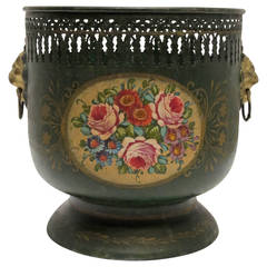 Green Tole Cache Pot with Painted Flowers, English, 19th Century 7