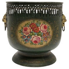 Green Tole Cache Pot with Painted Flowers, English, 19th Century