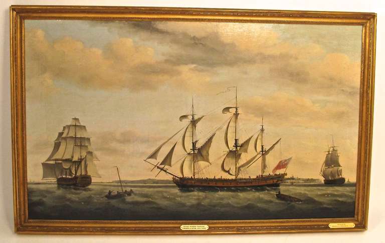 Very large ship painting of "The East Indiaman Ponsborne", commanded by James Thomas, Painted by Francis Holman.  Showing the ship in 3 postions.  Circa 1779 and measuring 40" x 61.5".

Designed to carry both passengers and goods