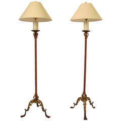 Retro Pair of Iron and Velvet Torchiere Floor Lamps