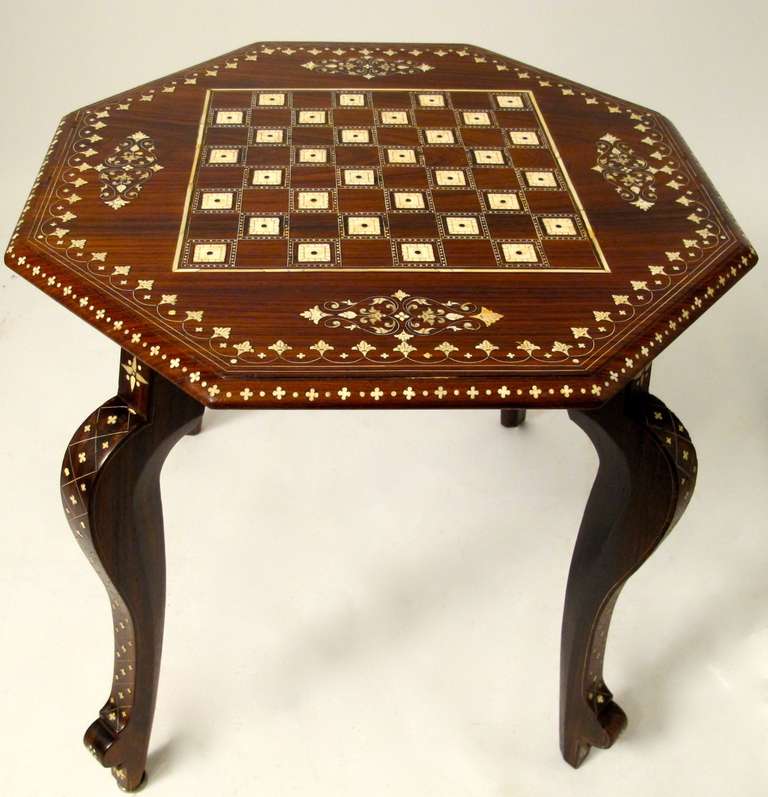 Octagonal Rosewood Chess/Game Table with inlaid top and legs.  Anglo Indian, Circa 1920.