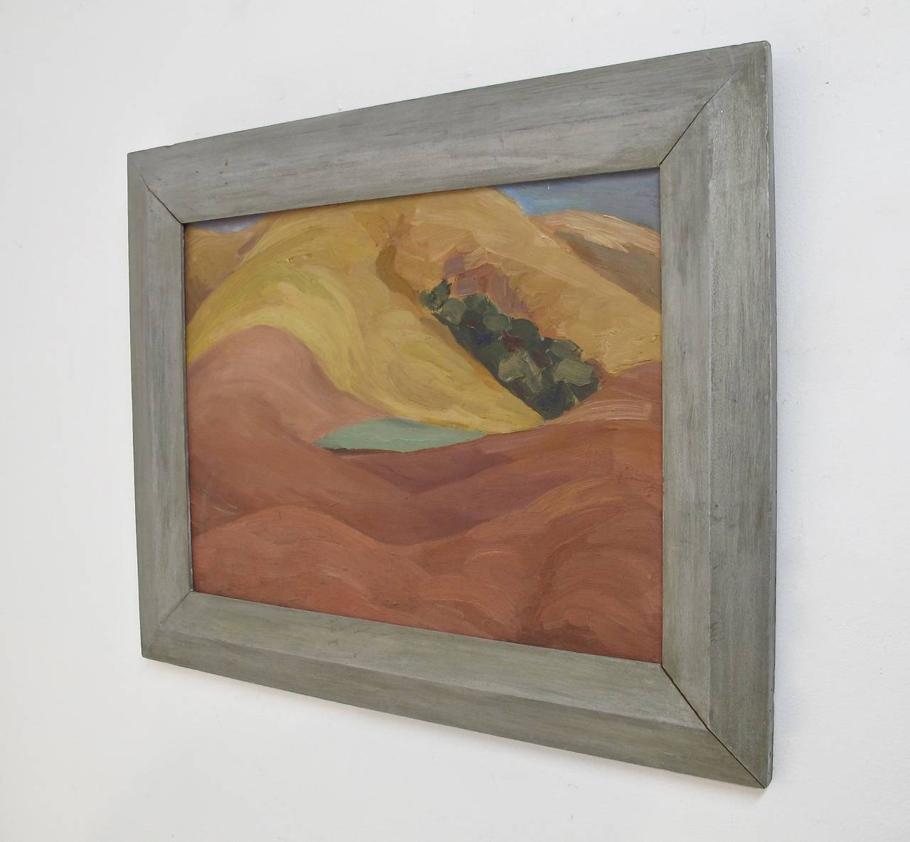 Small abstract framed landscape painting, oil on board in painted wood frame. Painted by Ruth Armer b.1896-d.1977.

A painter, educator and lithographer, Ruth Armer was born in San Francisco and spent her career in that city. She attended the